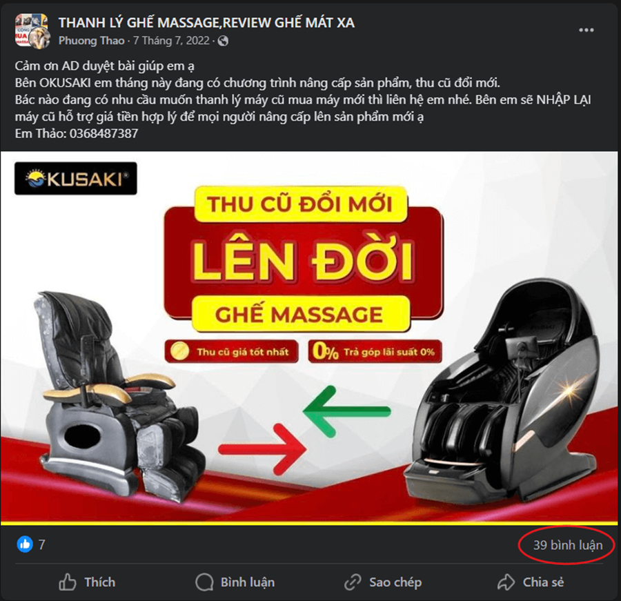 Thảo luận về ghế massage Okusaki trên facebook
